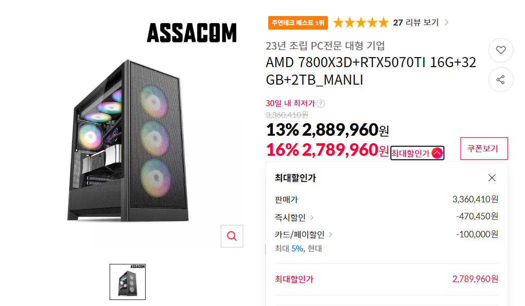 [11번가] 7800X3D + 5070 TI + 32GB + 2TB SSD 완본체 (2,789,960원/무료)