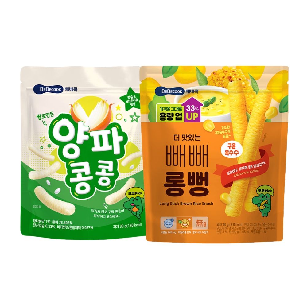하루특가) 베베쿡 양파콩콩, 30g 5개 + 더 맛있는 빼빼롱뻥 구운옥수수, 40g, 5개