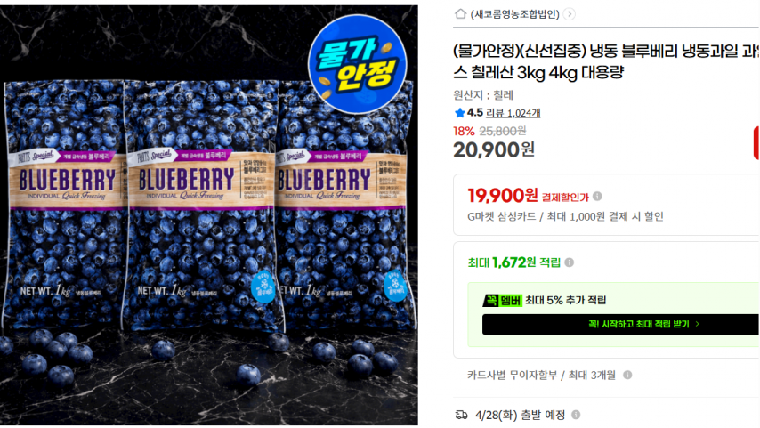 [지마켓] (물가안정)(신선집중) 냉동 블루베리 냉동과일 과일주스 칠레산 3kg 4kg 대용량 (20,900원/무료)