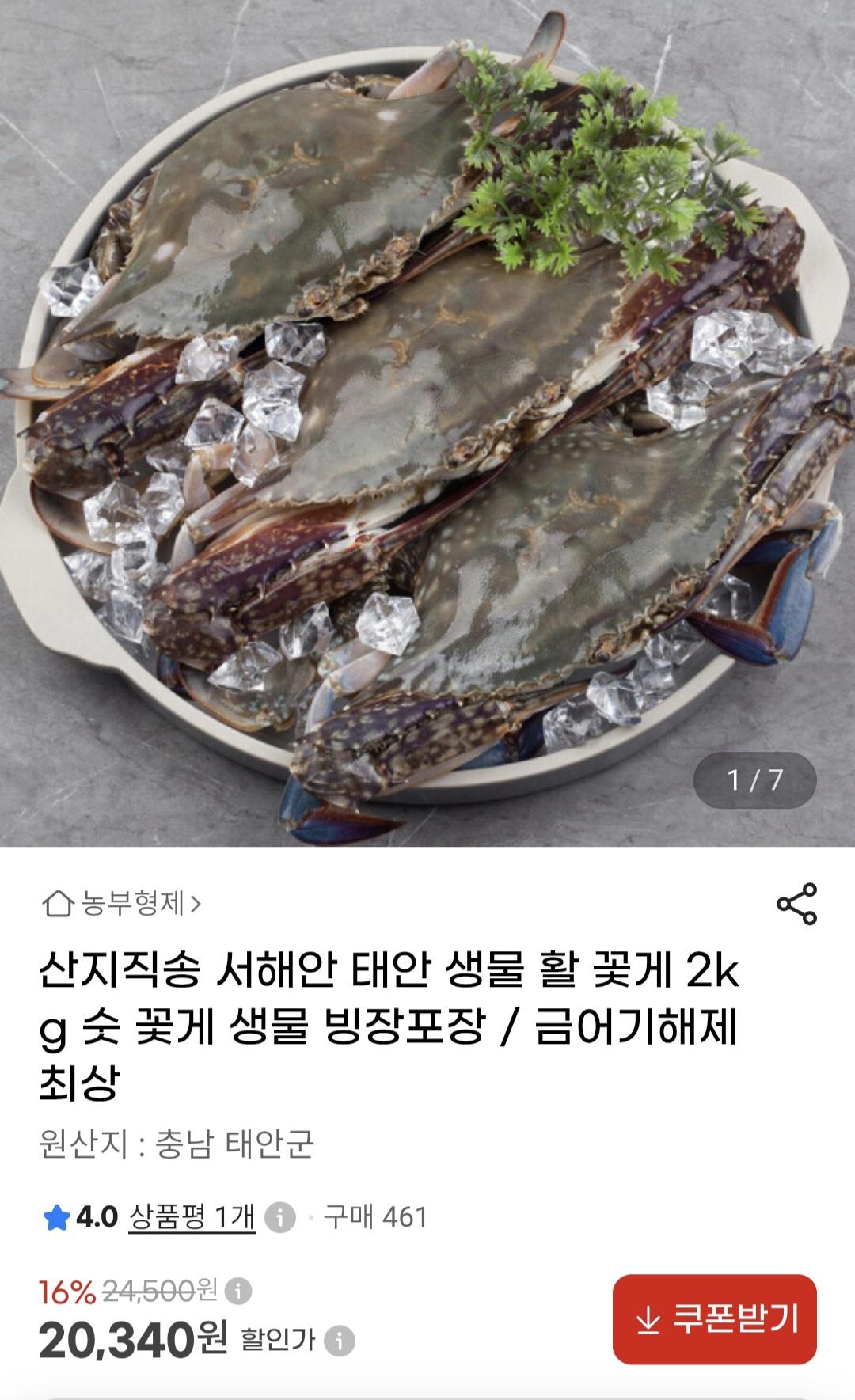 [지마켓]산지직송 태안생물 가을 활 숯꽃게 빙장포장 2kg(6-10미) (20,340원/무료)