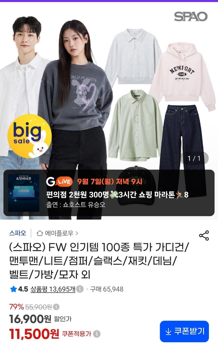 [지마켓] 스파오 FW 인기템 100종 특가 의류/잡화 외 (11,500원 무배)