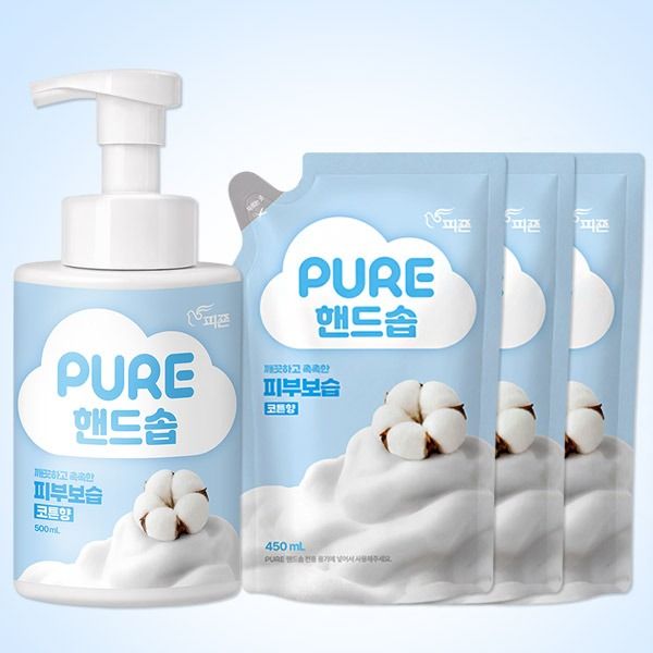 하루특가) 피죤 퓨어 핸드솝 핸드워시, 코튼향, 500ml, 1개 + 450ml, 3개, 1세트