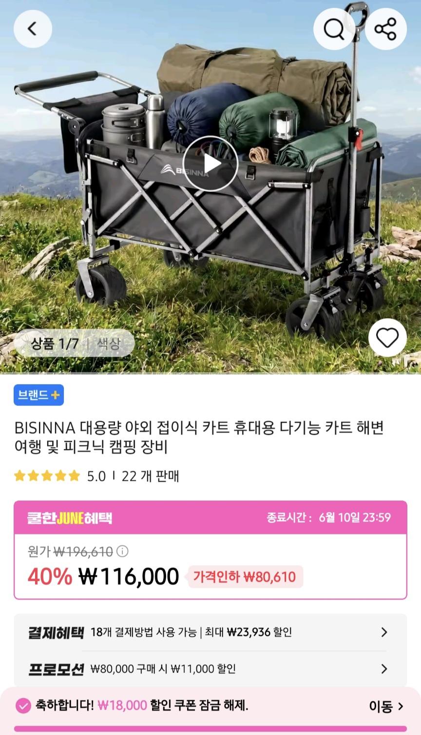 [알리]BISINNA 대용량 야외 접이식 카트 휴대용 (95,256원/무료)