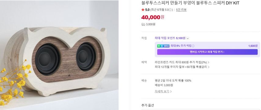 [네이버] 블루투스스피커 만들기 부엉이 블루투스 스피커 DIY KIT (40,000원/3,000원)