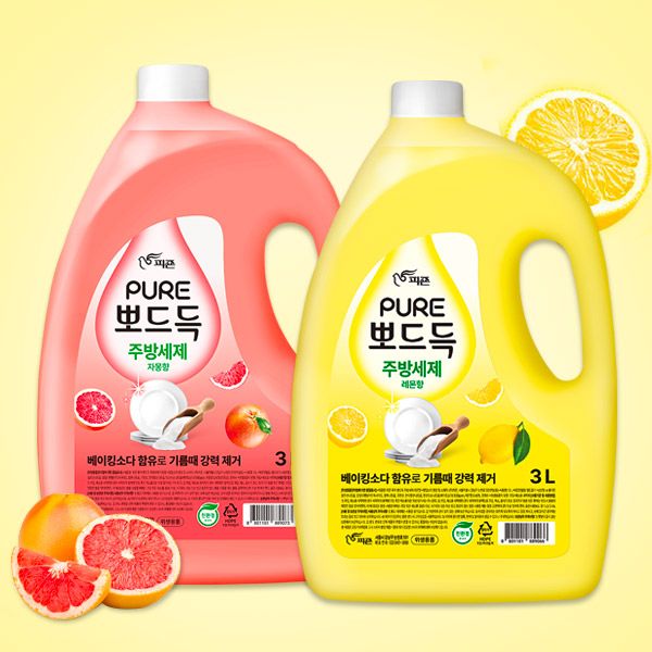 선착순특가) 피죤 퓨어 뽀드득 주방세제, 레몬향 3L 1개 + 자몽향 3L 1개, 2개