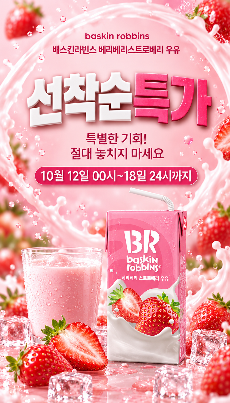 [토스]선착순특가)배스킨라빈스 베리베리 스트로베리 우유 190ml, 24개