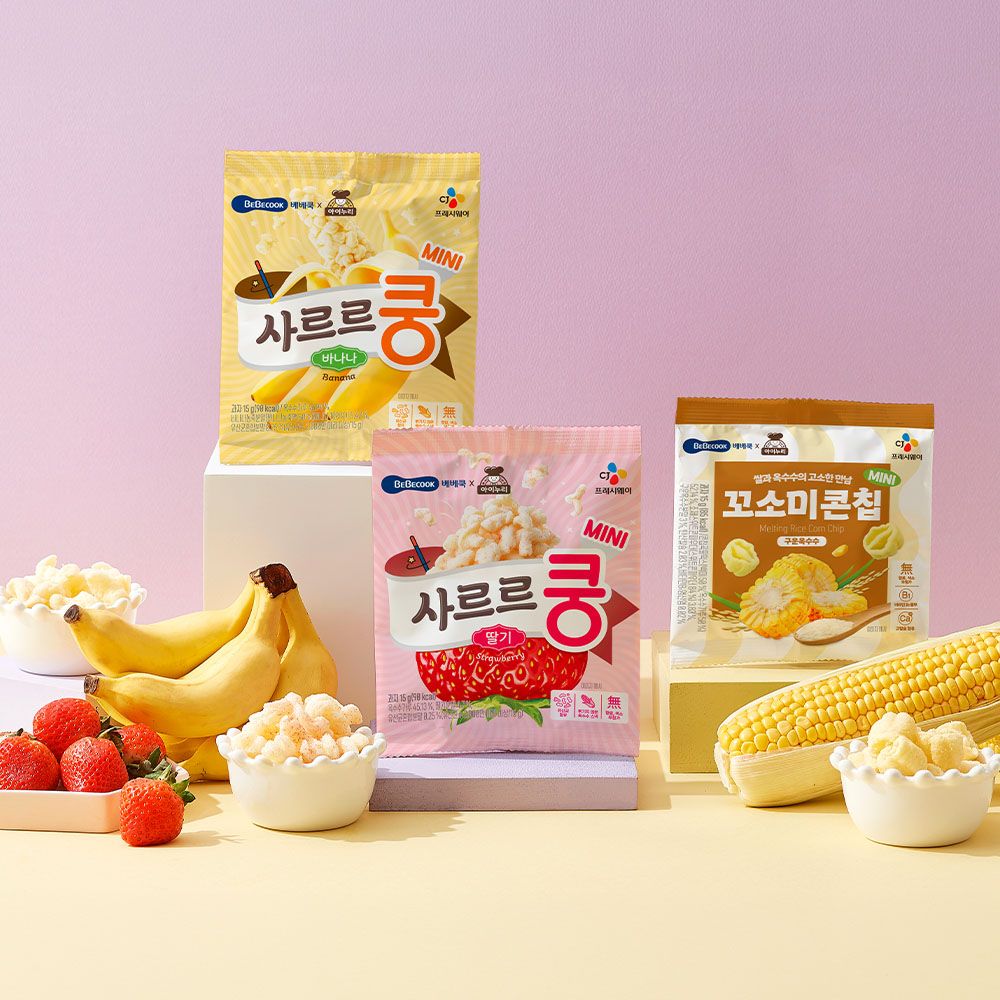 하루특가) 베베쿡 사르르쿵 바나나, 15g, 3개 + 사르르쿵 딸기, 15g, 3개 + 꼬소미콘칩 구운옥수수맛, 15g, 3개
